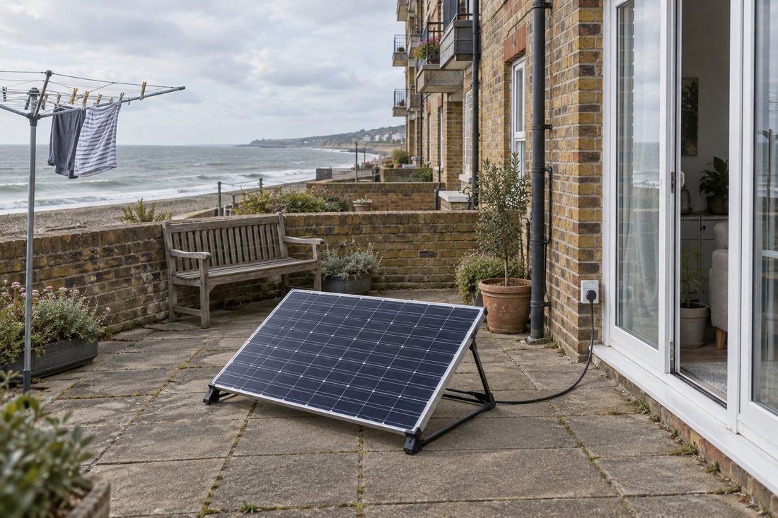 Single freestanding plug-in solar panel on a low frame on the paved communal garden of a seaside block of brick flats, with a bench, a washing line and a cable to a patio socket