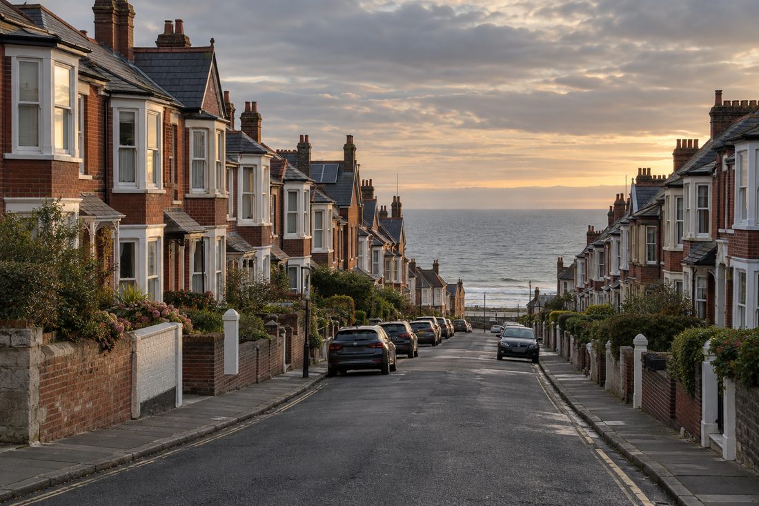 Street of tall Victorian brick terraced houses with bay windows and slate roofs, sloping down towards the sea at the end of the road, with rear-slope solar panels on one roof